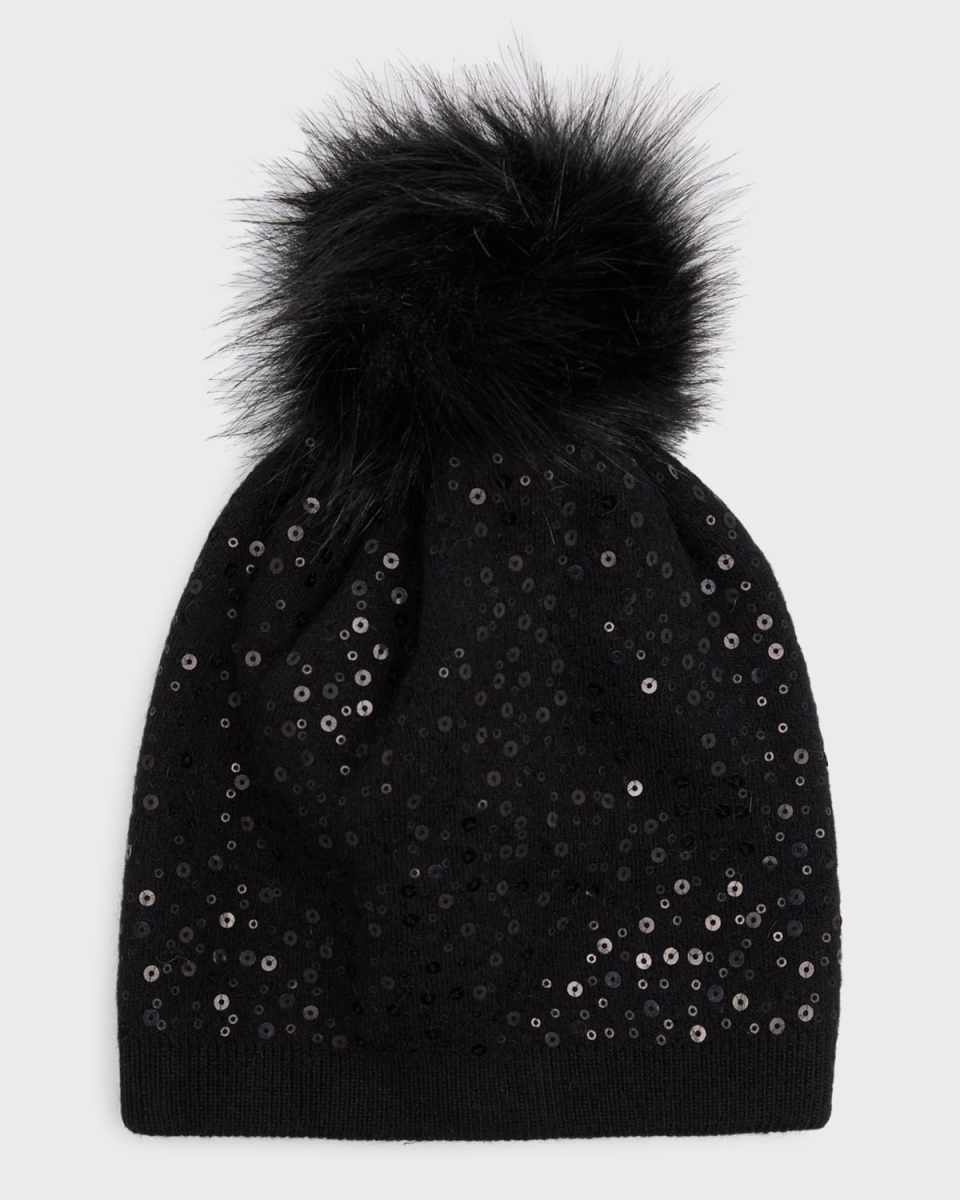 All-Over Sequin Wool-Blend Beanie With Pom